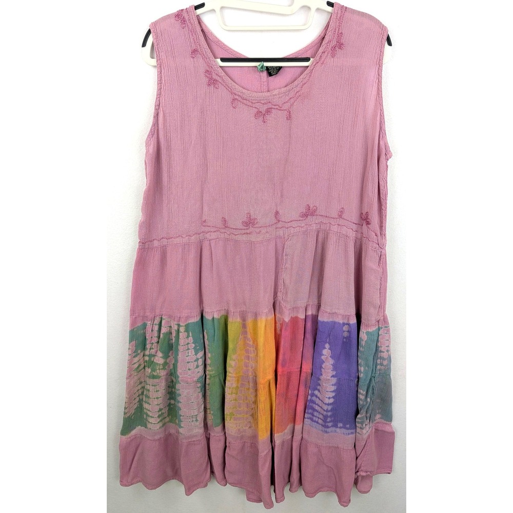 Kaaku Pink Tie Dye Tiered Midi Dress Womens Free Size Large XL Cotton Rayon